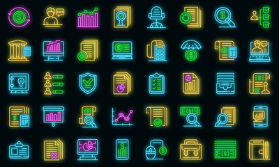 Audit icons set. Outline set of audit vector icons neon color on black