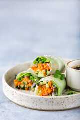 Vegetarian vietnamese spring rolls with carrots, cucumber, green onions and rice noodles, selective focus - obrazy, fototapety, plakaty