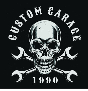 Custom Garage Logo Design ,Monochrome ,isolated in Dark background. Motorcycle ,Bike ,Road ,Workshop ,Ride ,Wrench ,skull,garage,vintage