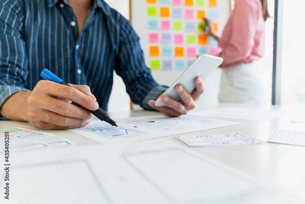 Wall mural website development ui/ux. designer brainstorming application for mobile creative digital concept