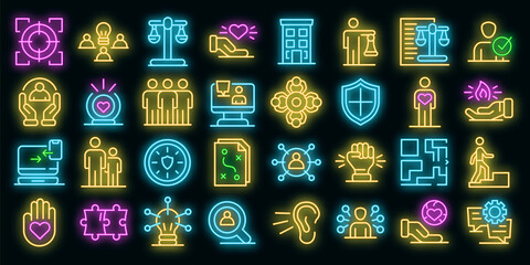 Responsibility icons set. Outline set of responsibility vector icons neon color on black