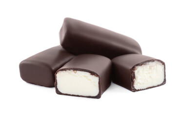 Delicious cut and whole glazed cheeses on white background