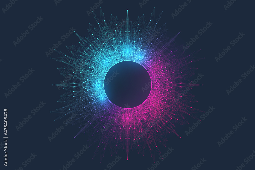 Poster Digital neon color circle with connecting dots and lines in abstract style. Futuristic digital neon frame. Polygonal neon round shape, vector illustration.