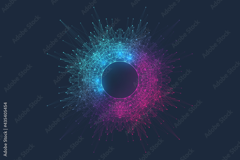 Poster Quantum computer innovation technology concept. Sphere explosion background. Deep learning artificial intelligence. Big data algorithms visualization quantum explosion vector illustration