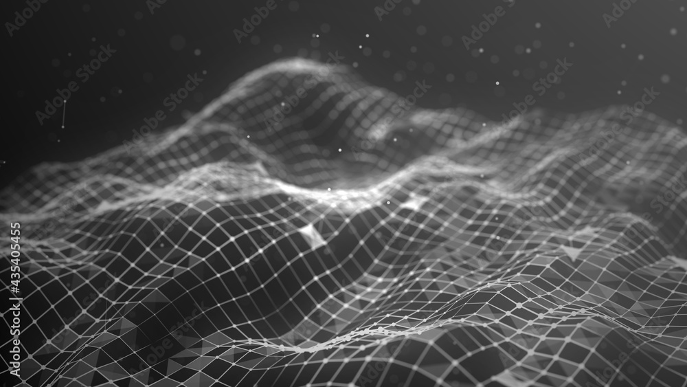 Poster abstract background. wave of particles. cyber or technology digital landscape. 3d rendering.