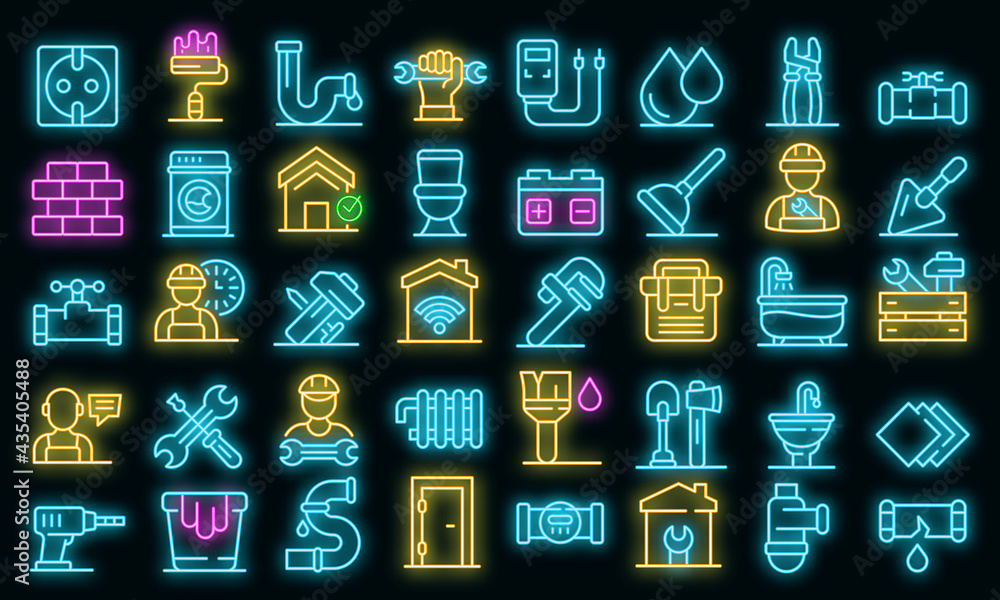Wall mural Repairman icons set. Outline set of repairman vector icons neon color on black - Wall murals