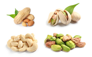 Set with different tasty nuts on white background