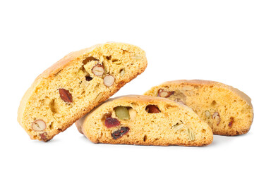 Slices of tasty cantucci with berry and pistachio on white background. Traditional Italian almond biscuits