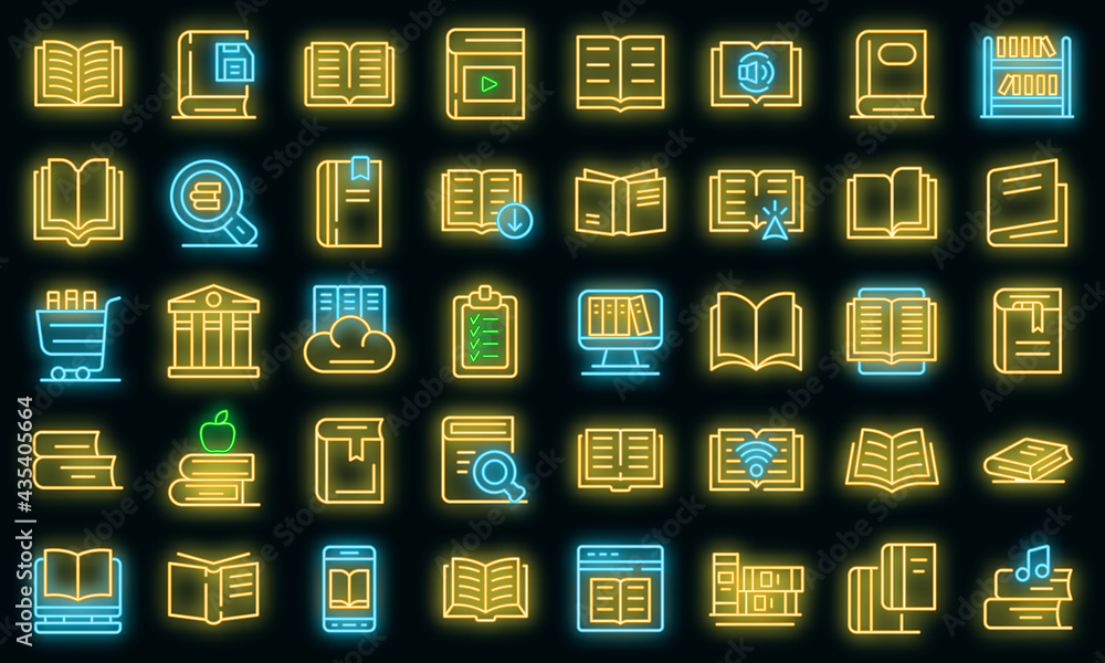 Poster library icons set. outline set of library vector icons neon color on black