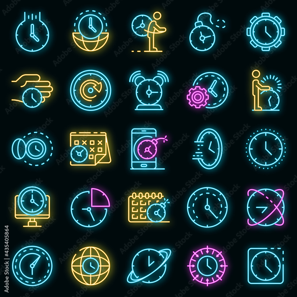 Poster deadline icons set. outline set of deadline vector icons neon color on black
