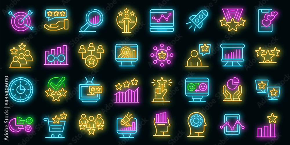 Poster reputation icons set. outline set of reputation vector icons neon color on black