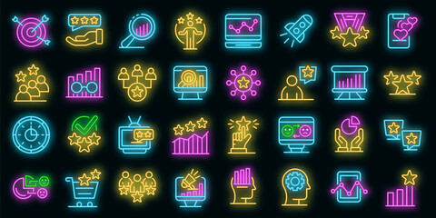 Reputation icons set. Outline set of reputation vector icons neon color on black