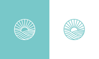 sunset logo design, sunset circular vector design in ocean scenic