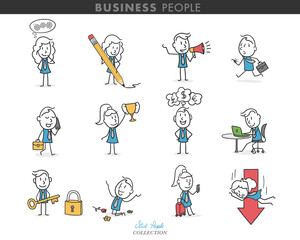 Collection of stick business people in different poses. Stick people playing different roles in their jobs