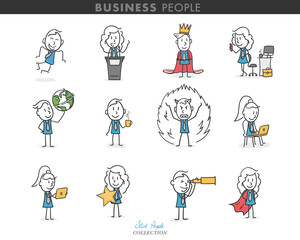 Collection of stick business people in different poses. Stick people playing different roles in their jobs