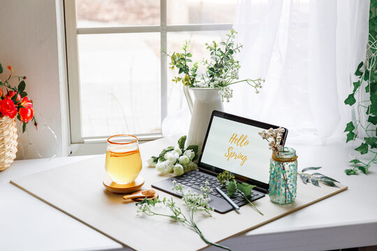 spring, orange juice, aesthetics, tab, window, flat lay, office stock photos, flowers, white, minimal, announcement, sheer curtain, vase, green, plants, white table, keyboard, glass, wood, wooden,