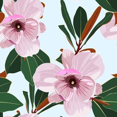 Fototapety  Seamless floral pattern with pink tropical magnolia flowers with leaves on blue background. Template design for textiles, interior, clothes, wallpaper. Botanical art. Engraving style.