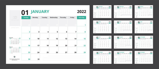Fototapeta 2022 calendar planner set for template corporate design week start on Sunday. obraz