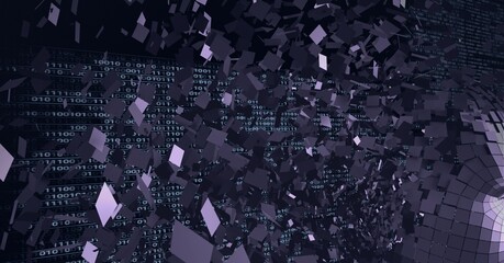 Composition of purple particles and binary coding on black background