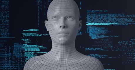 Composition of human bust formed with grey particles over data processing
