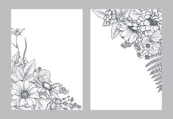 Floral backgrounds with hand drawn wildflowers and plants. Monochrome vector illustration