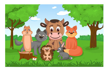 Set of cute forest animals in the forest. Collection of mammals in cartoon style. Children illustration of funny smiling animals. Vector illustration