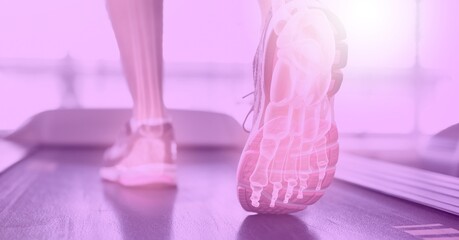 Composition of woman's legs exercising on treadmill with visible x ray bones and pink tint