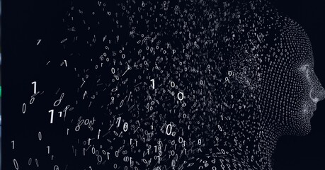 Composition of exploding human bust formed with binary coding on black background