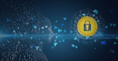 Composition of exploding human bust formed with binary coding and online security padlock icon