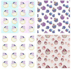 Set of seamless patterns Dessert ice cream with blueberries