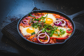 Shakshuka in an iron pan. Middle eastern traditional dish. Fried eggs with tomatoes, bell pepper, vegetables and herbs, sunny side up eggs. Copy space.