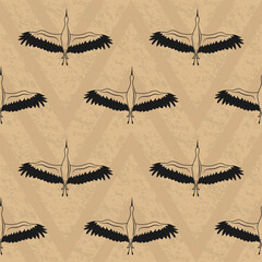 Vector Repeat Pattern With Textured Brown Bankground and Flying Storks Silhouettes. Great for Wallpaper, Fabric, Packaging Sketchbook Cover and more.