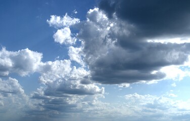 White heavy cumulus clouds against the blue sky at sea