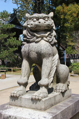lion statue in a temple in amanohashidate (japan) 