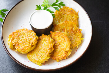 potato pancakes vegetables dish draniki fried potato cutlets fresh portion organic, wholesome dish on the table healthy food meal snack copy space food background rustic. top view