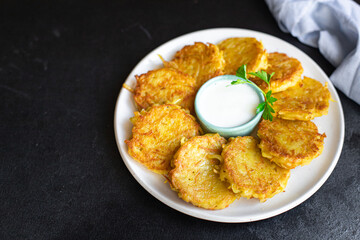 potato pancakes vegetables dish draniki fried potato cutlets fresh portion organic, wholesome dish on the table healthy food meal snack copy space food background rustic. top view