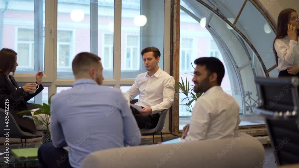 Poster group of professional managers doing multitasking tasks during collaborative brainstorming in office