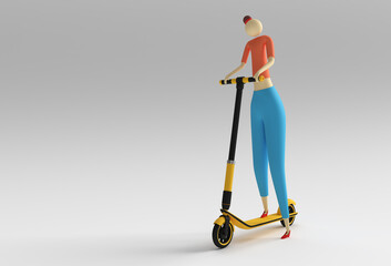 3D Render Cartoon Woman Riding a Push Scooter 3D art Design illustration.