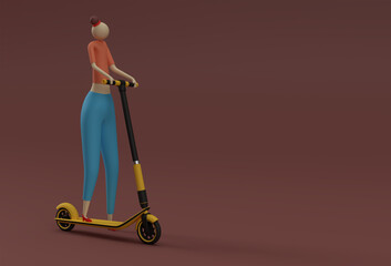 3D Render Cartoon Woman Riding a Push Scooter 3D art Design illustration.