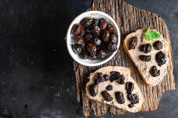 dried olives sandwich pate vegetables appetizer fresh portion organic, wholesome dish on the table...