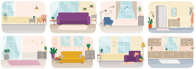 Modern room for interior design. Cozy room with furniture and decor accessories. Flat design interior. Planning and arrangement of furniture in apartment. Living room. Home lifestyle. Style house