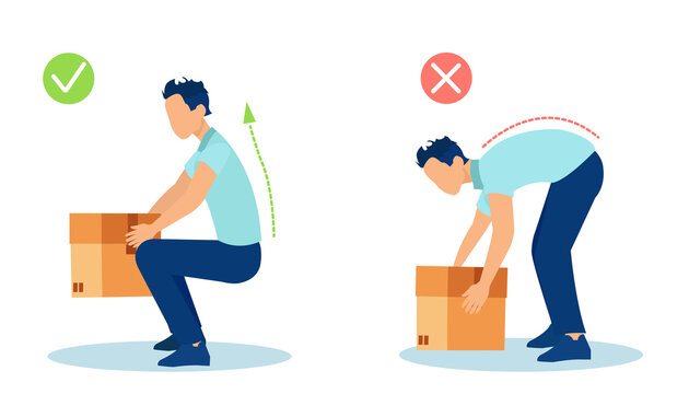 Vector of a young man lifting up a heavy box in a safe and unsafe way for his back.