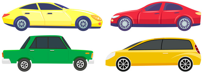 Set of modes of transport and machine shapes. Transport isolated on white background. Crossover, hatchback, pickup, cabriolet vehicle vector illustration. Cars of different types without drivers