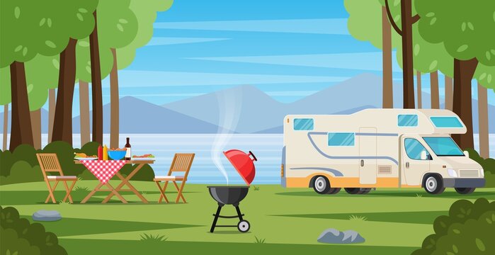 Camper with barbecue folding table deckchair