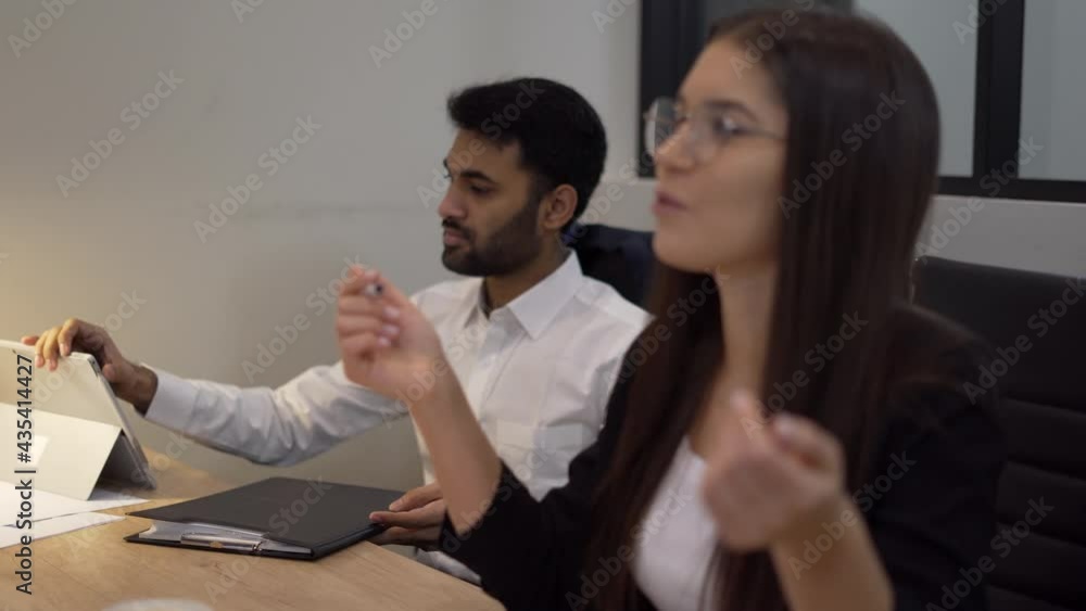 Poster team of creative developers collaborating on startup project having brainstorming process in office 