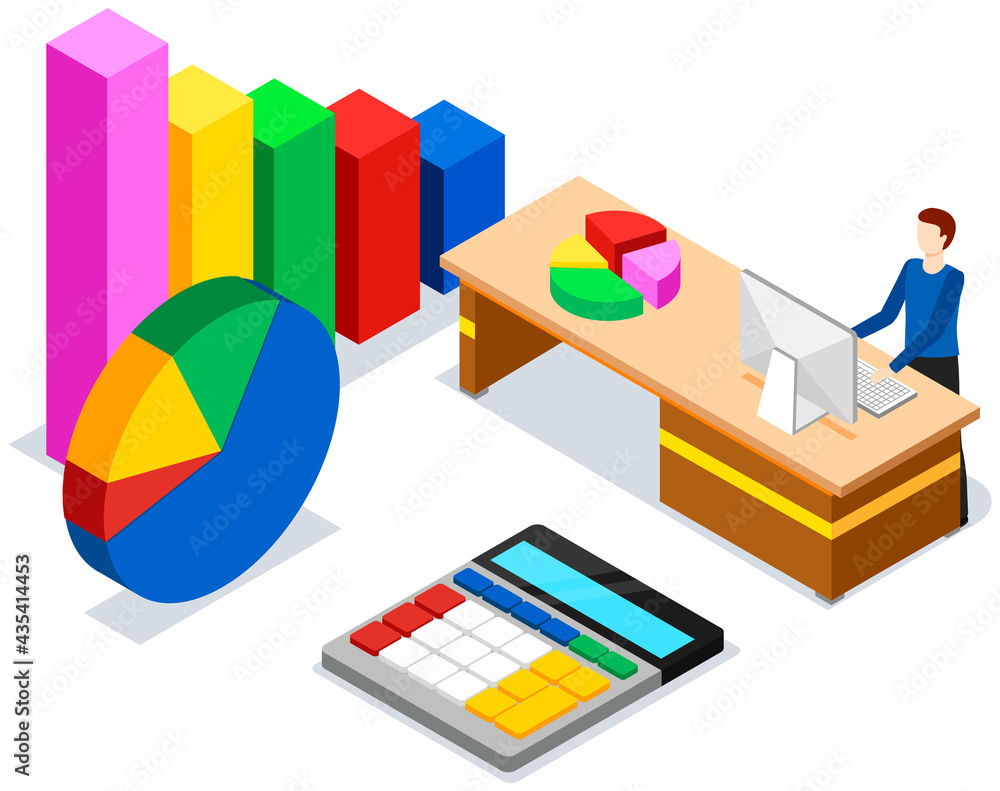 Poster man studies statistics shown on bar chart. analyze diagrams and charts concept. guy is working with 