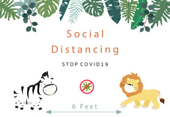 Cute animal social ditancing collection with zebra,lion is wearing mask.Vector illustration for prevention the spread of bacteria,coronviruses