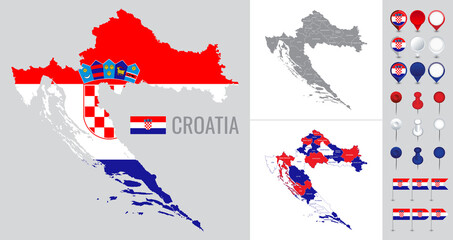 Obraz premium Croatia vector map with flag, globe and icons on white background