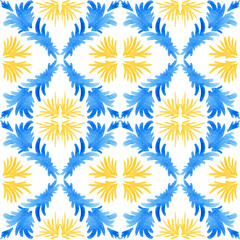 Watercolor portuguese tiles, seamless pattern blue and yellow. Azulejo ornament, spanish print, Mediterranean architecture. Fabric print. Raster stock illustration isolated on white background.