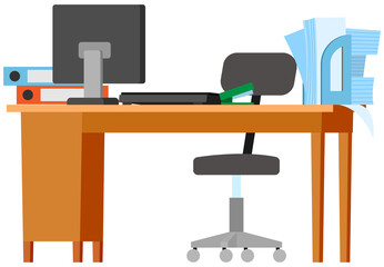 Modern workplace flat design. Office chair and office desk with stack of books in cozy room interior. Furniture and equipment for workplace of employee or office worker, vector interior workspace